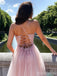 Gorgeous Pink V-neck Spaghetti Strap A-line Long Tulle Prom Dress with Beading, Evening Gown, PD38092