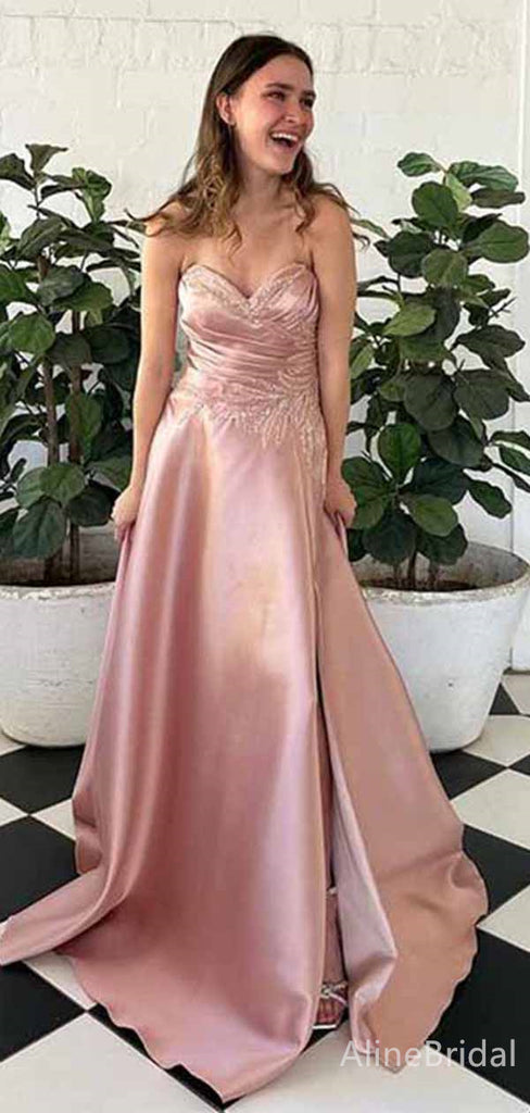 Elegant Pink V-neck Strapless Lace Applique A-line Long Prom Dress, Evening Gown,PD381764