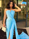 Unique Blue Strapless Pleated Side Slit Mermaid Long Prom Dress,PD381813