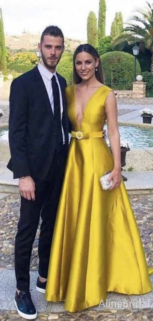 Elegant Yellow V-neck A-line Long Prom Dress with Sash, Evening Dress, PD381835