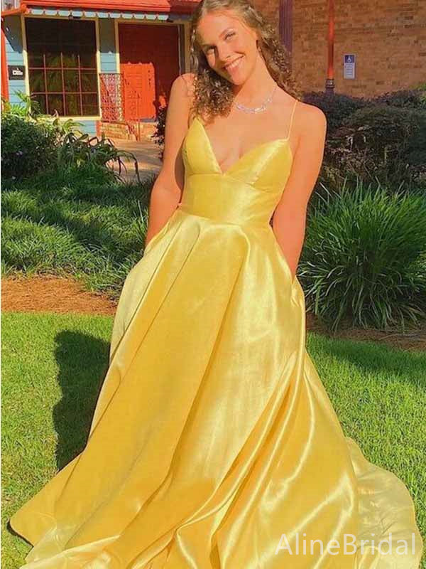 Elegant Yellow V-neck Spaghetti Strap A-line Long Prom Dress, PD381839