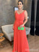 Elegant Coral V-neck Pleated A-line Long Prom Dress, Evening Dress, PD381845
