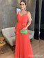 Elegant Coral V-neck Pleated A-line Long Prom Dress, Evening Dress, PD381845