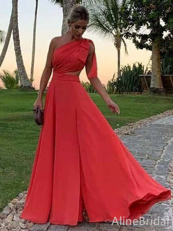 Elegant Red One Shoulder A-line Long Prom Dress, Evening Dress, PD381851