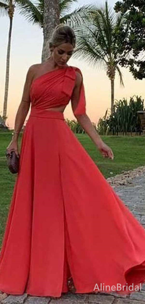 Elegant Red One Shoulder A-line Long Prom Dress, Evening Dress, PD381851