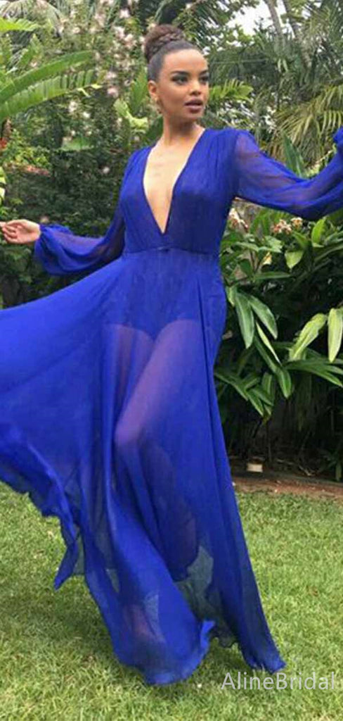 Elegant Royal Blue V-neck A-line Long Tulle Prom Dress with Sleeves, PD381854