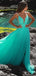 Gorgeous V-neck Teal Green Lace Applique A-line Long Prom Dress with Slit, PD381858