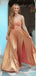 Elegant Rose Gold V-neck Strapless Pleated A-line Long Prom Dress with Slit, PD381859