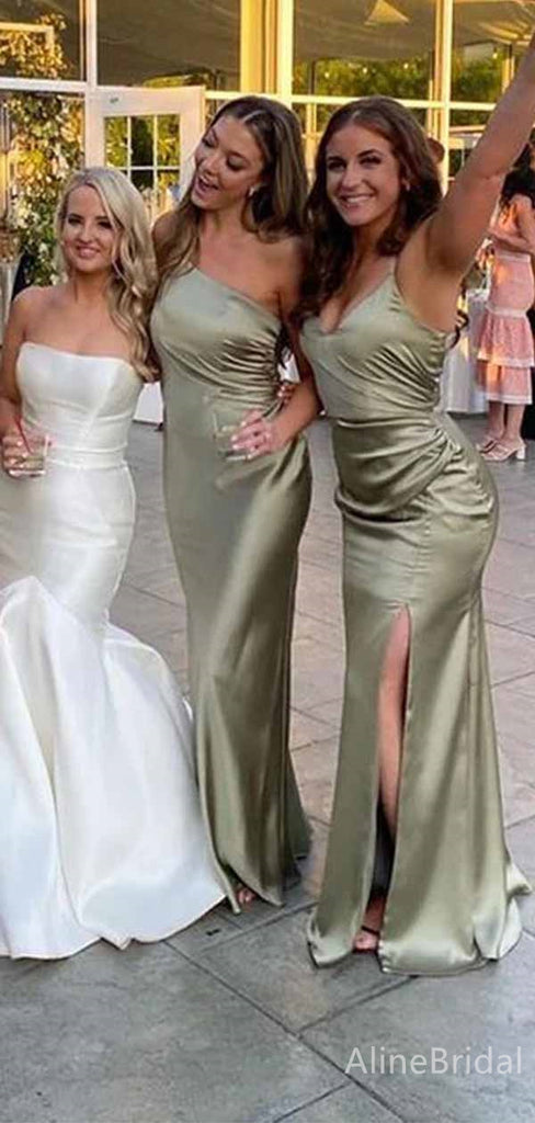 Elegant Sage Green One-Shoulder Spaghetti Strap Long Mermaid Bridesmaid Dress, PD3296