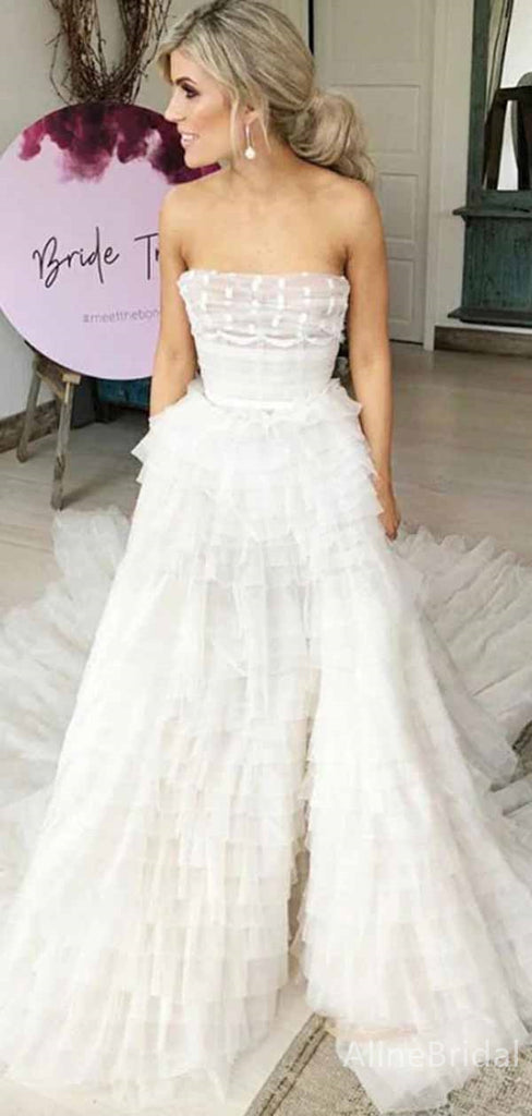 Elegant White Strapless A-line Long Layered Tulle Wedding Dresses,WD3112