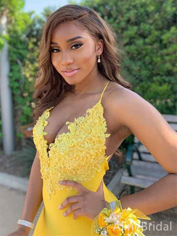 Gorgeous Yellow V-neck Lace Applique Mermaid Long Tiered Ruffles Prom Dress, Evening Dress, PD381885