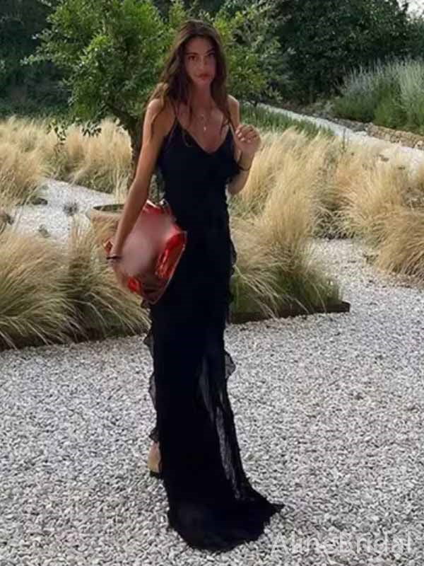 Sexy Black V-neck Backless Ruffle Tiered Chiffon Prom Dress, PD381896