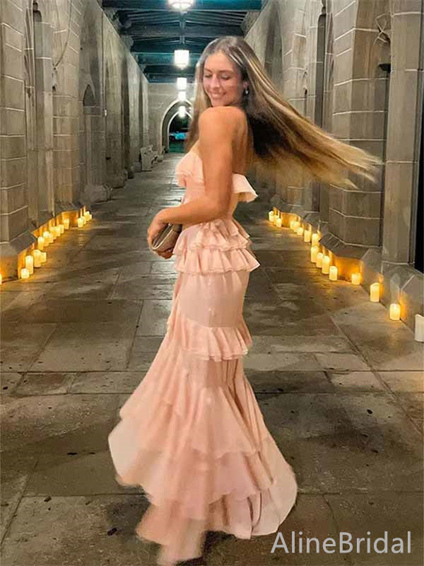 Gorgeous Pink V-neck Strapless High-Low Long Tiered Ruffle Prom Dress, PD381902