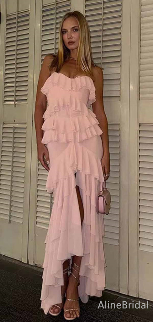 Elegant Strapless Pink Chiffon Long Ruffles Tiered Prom Dress-High-Low Evening Dress, PD381909