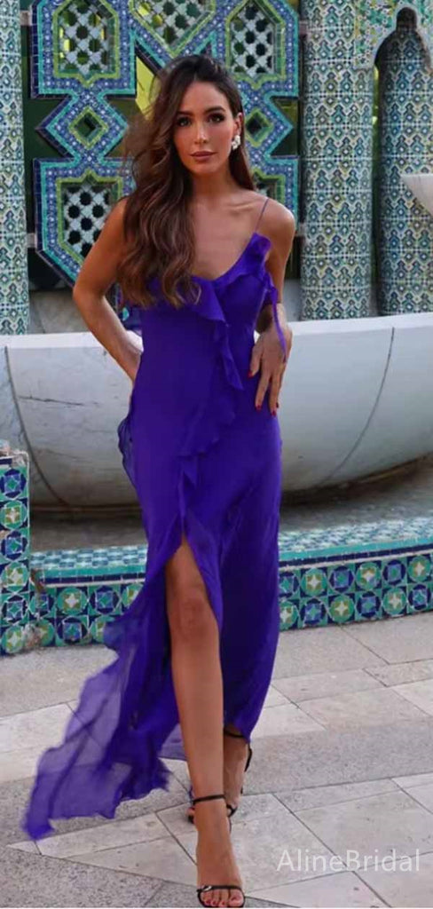 Sexy Purple Chiffon V-neck Ruffle Long Prom Dress with Slit, Evening Dress, PD381907
