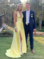 Gorgeous Yellow Deep V-neck A-line Long Prom Dress with Slit, Evening Dress, PD381917