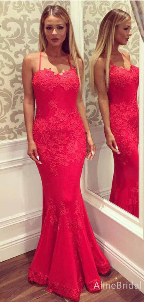 Gorgeous Red Sweetheart Spaghetti Strap Long Mermaid Lace Evening Dress, Prom Dress, PD381926