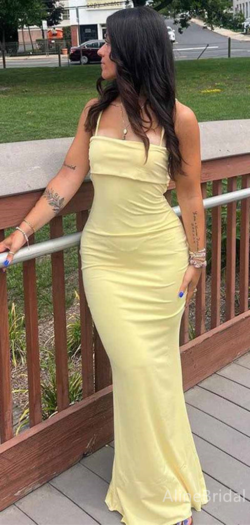 Soft Yellow Spaghetti Strap Long Mermaid Prom Dress, Evening Dress, PD381937