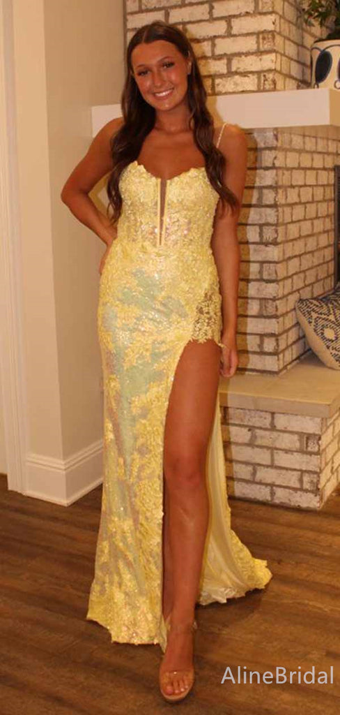 Gorgeous Yellow Lace Applique High Slit Long Mermaid Prom Dress, Evening Dress, PD381939