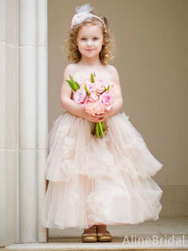 Elegant Light Pink Square Lace A-line Long Flower Girl Dresses, FGS167