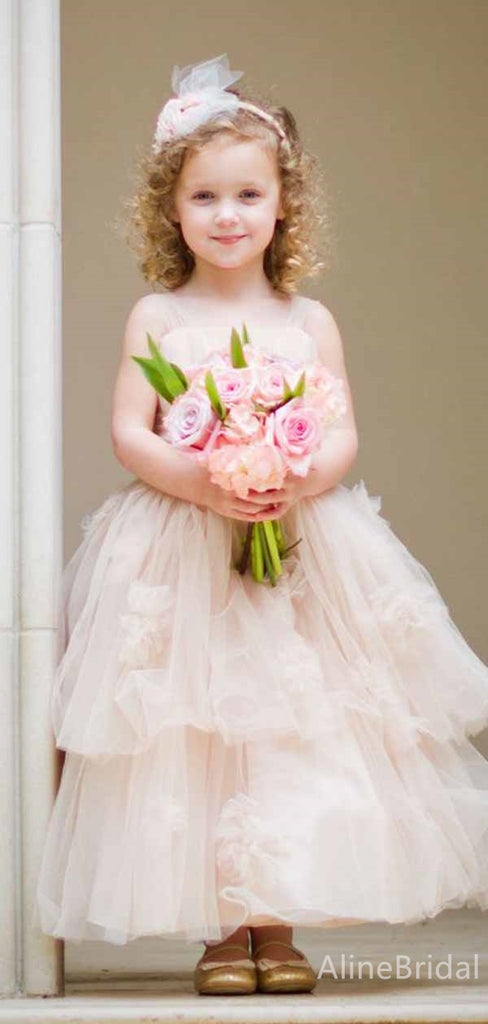 Elegant Light Pink Square Lace A-line Long Flower Girl Dresses, FGS167