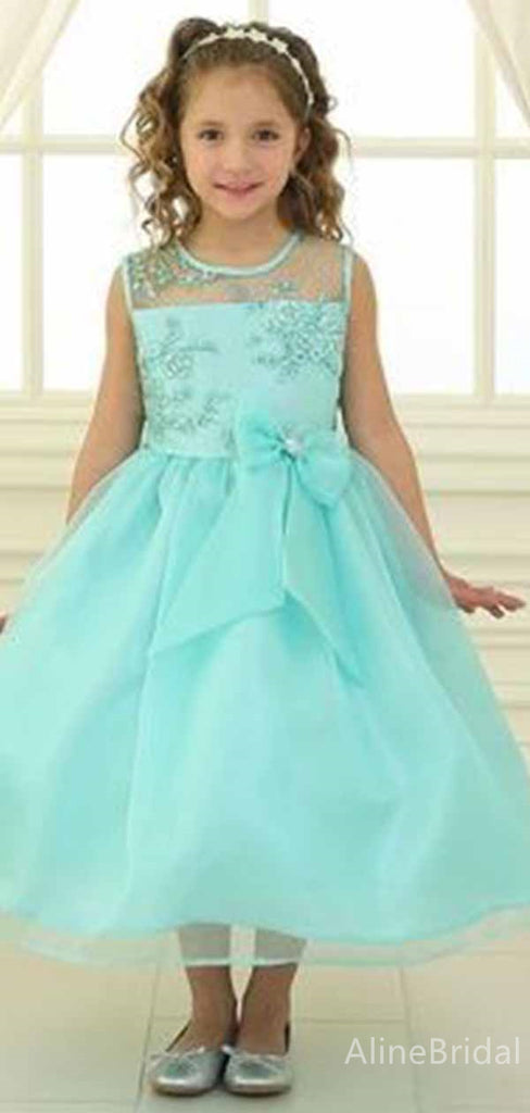 Cute Blue Lace A-line Long Flower Girl Dress with Bow, FGS175