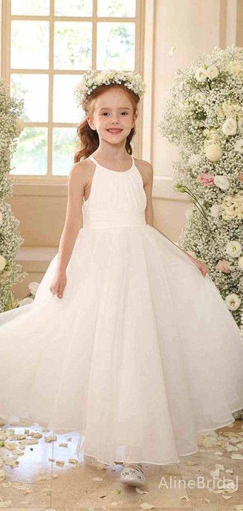 Simple White A-line Long Flower Girl Dress, FGS183