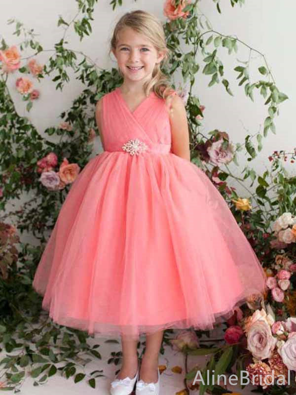 Elegant Hot Pink V-neck A-line Long Flower Girl Dress, FGS188