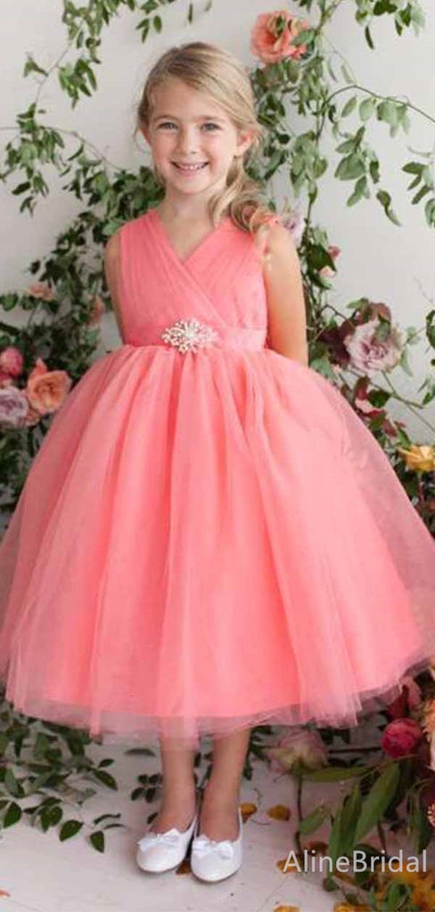 Elegant Hot Pink V-neck A-line Long Flower Girl Dress, FGS188