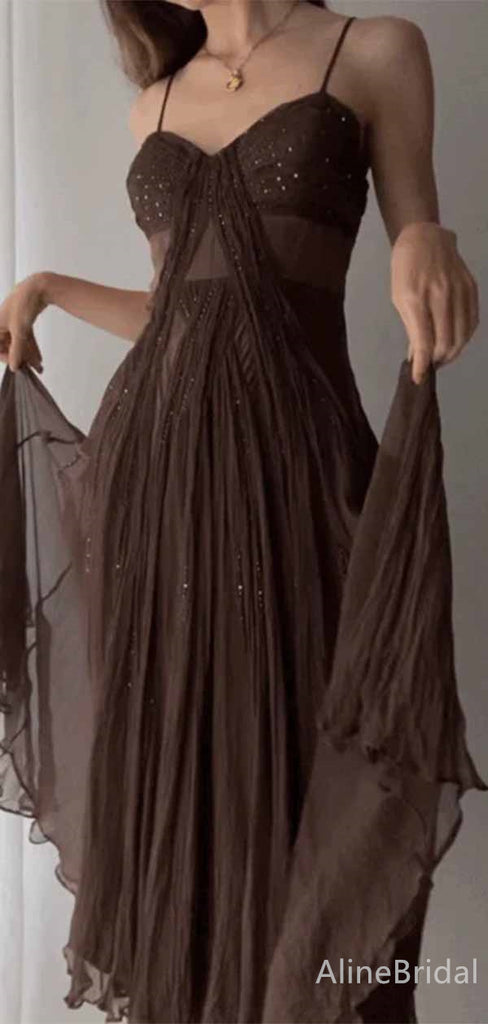 Elegant Brown V-neck Spaghetti Strap A-line Long Tulle Prom Dress,PD381951