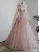 Gorgeous Light Pink Strapless Lace Appliques A-line Long Tulle Prom Ball Gown, PD381953