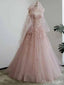 Gorgeous Light Pink Strapless Lace Appliques A-line Long Tulle Prom Ball Gown, PD381953