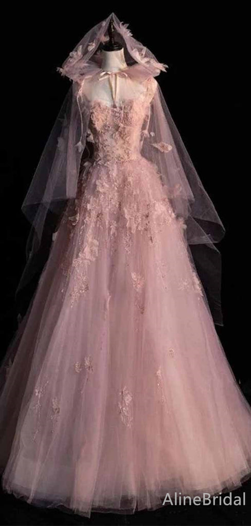 Gorgeous Light Pink Strapless Lace Appliques A-line Long Tulle Prom Ball Gown, PD381953