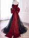 Gorgeous Burgundy Strapless Long Mermaid Black Tulle Prom Ball Gown with Striking Bow, PD381965