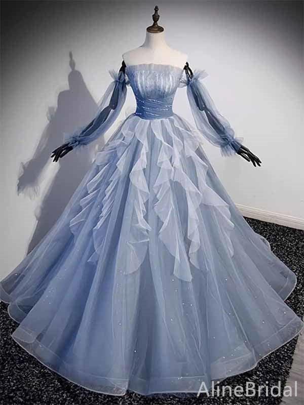 Gorgeous Blue Strapless A-line Long Prom Ball Gown with Long Mesh Sleeve, PD381966