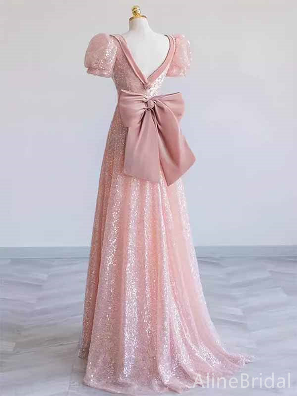 Sparkly Balletcore Pink V-neck Ruffles A-line Ball Gown with Bow, Evening Gown, PD381968