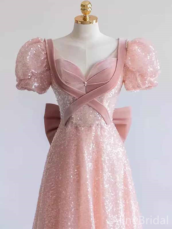 Sparkly Balletcore Pink V-neck Ruffles A-line Ball Gown with Bow, Evening Gown, PD381968