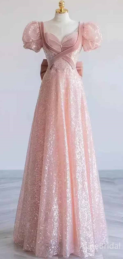 Sparkly Balletcore Pink V-neck Ruffles A-line Ball Gown with Bow, Evening Gown, PD381968