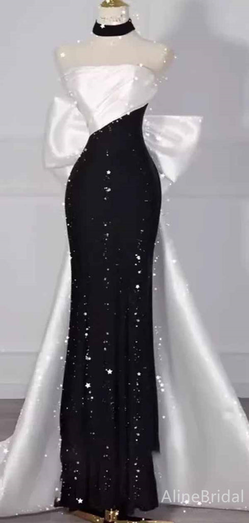 Stunning Black& White Color Blocking Strapless Long Ball Gown with Striking Bow, PD381969