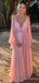 Sexy Pink V-neck Spaghetti Strap Long Sleeves A-line Long Prom Dress, Evening Dress, PD381981