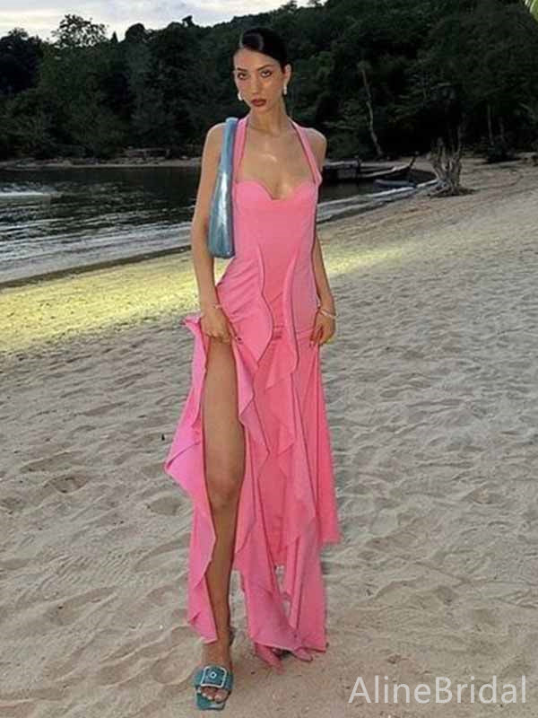 Sexy Hot Pink Sweetheart Halter Ruffles High Slit Long Prom Dress, PD381983