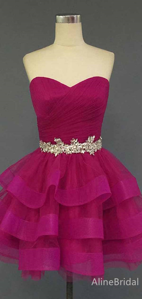 Elegant Sweetheart Strapless Hot Pink A-line Short Tulle Homecoming Dress, HD328006