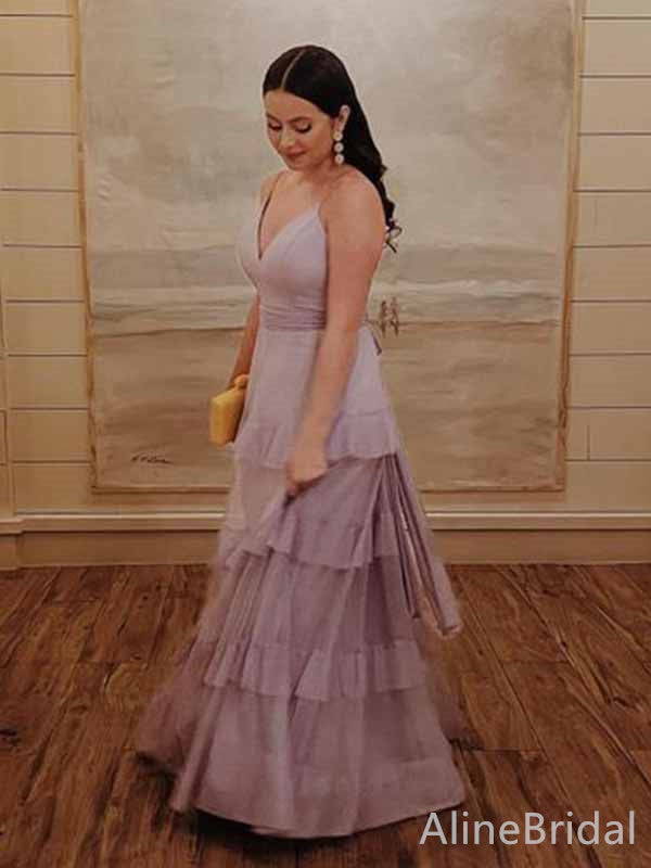 Elegant Purple V-neck Spaghetti Strap A-line Long Layered Tulle Prom Dress,PD381990