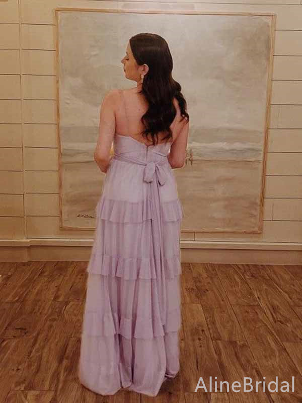 Elegant Purple V-neck Spaghetti Strap A-line Long Layered Tulle Prom Dress,PD381990