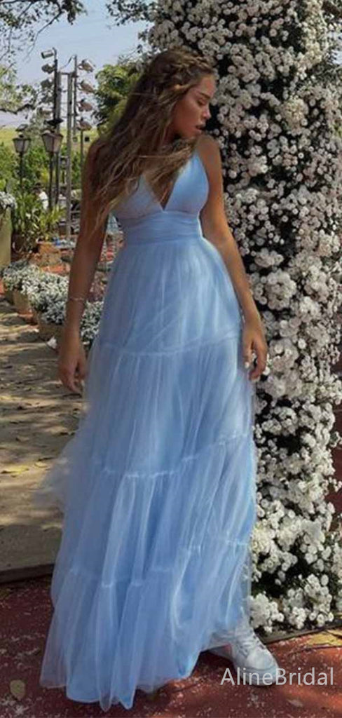 Elegant Blue V-neck Spaghetti Strap A-line Long Tulle Prom Dress, PD381991