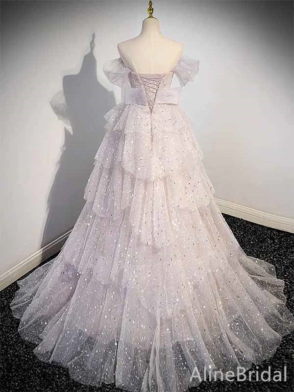 Sparkly Light Pink V-neck Off-the-Shoulder A-line Long Tiered Princess Ball Gown, PD381997