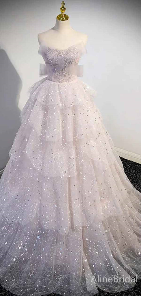Sparkly Light Pink V-neck Off-the-Shoulder A-line Long Tiered Princess Ball Gown, PD381997