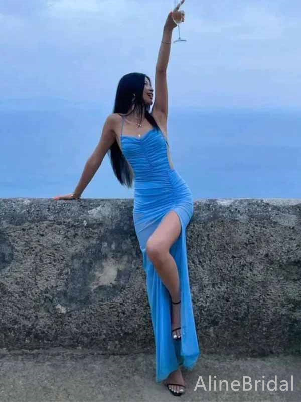 Sexy Blue Side Cut-Out Mermaid Long Tulle Prom Dress with Side-Slit, PD381999