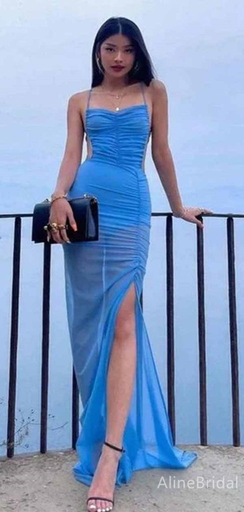 Sexy Blue Side Cut-Out Mermaid Long Tulle Prom Dress with Side-Slit, PD381999