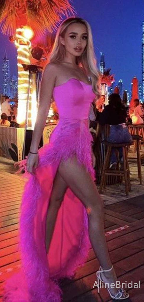 Elegant Hot Pink Feather Strapless High Slit Prom Dress, PD382007